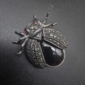 Sterling Silver Marcasite Insect Bug Brooch Black Articulated Wings